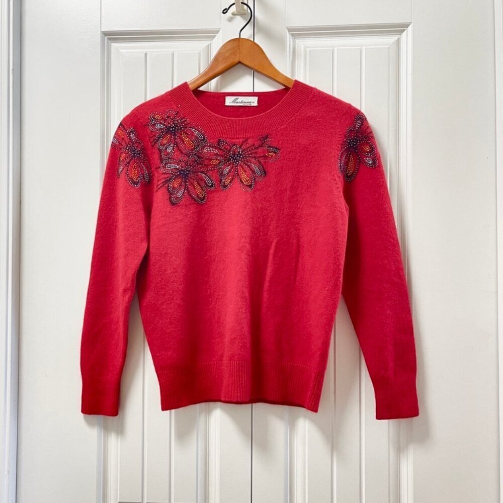 Vintage Martinna Collection Rhinestone Floral Cashmere Sweater Red
